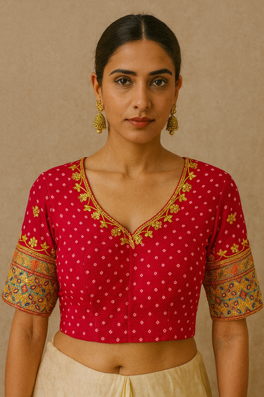 Red bandhej blouse with dori work
