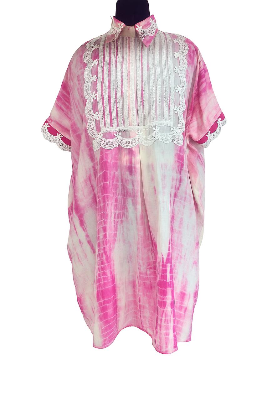 Pink and white tie-dye dress with lace trim on a mannequin against a white background Tie & Dye Shibori shirt kaftan dress