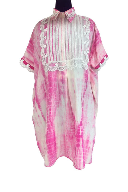 Pink and white tie-dye dress with lace trim on a mannequin against a white background Tie & Dye Shibori shirt kaftan dress