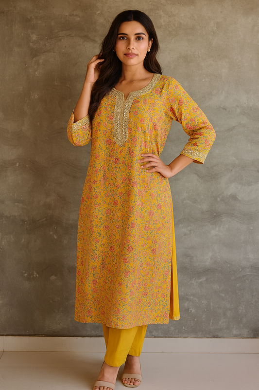 Woman wearing a yellow floral kurta with a plain background Yellow Printed Silk Kurta Set with Dupatta