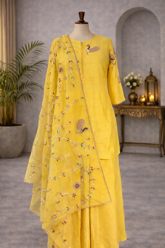 Yellow gotta patti sharara set with traditional Rajasthani gottapatti handwork