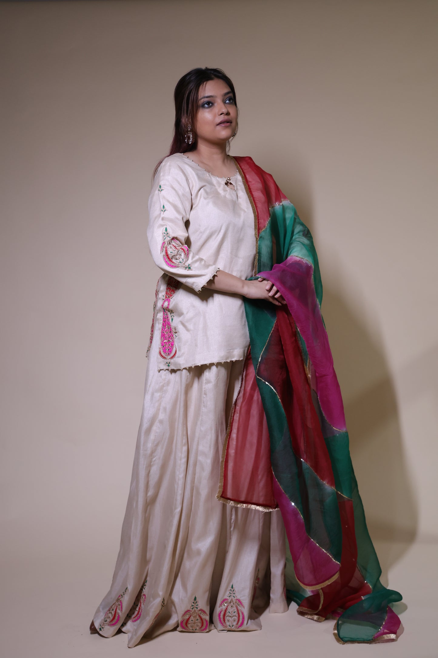 Cream Moonga Silk Sharara with Kurta & Organza dupatta