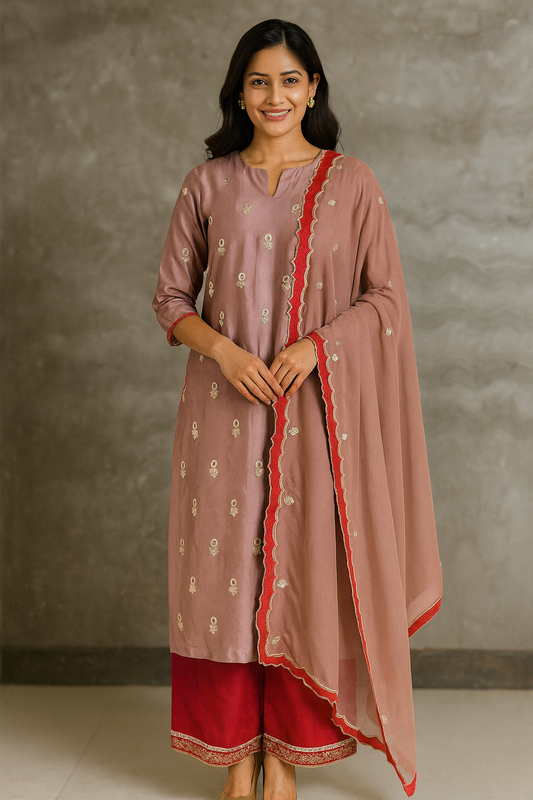 Woman wearing a traditional outfit with a beige and red dupatta against a neutral background Brown Banarasi Silk Kurta Set with Organza Dupatta & Red Silk Palazzo